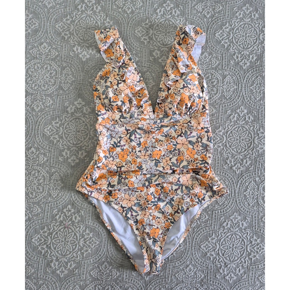 Cupshe Floral Ruffle V-Neck One Piece Swimsuit Orange Cream Women Size XXL